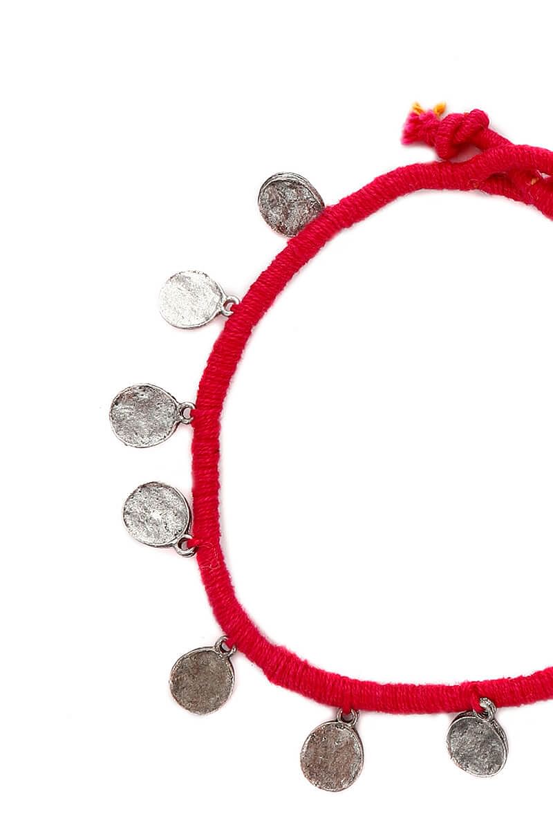 Set of 2: Fuchsia Embellishments German Silver Thread Anklet