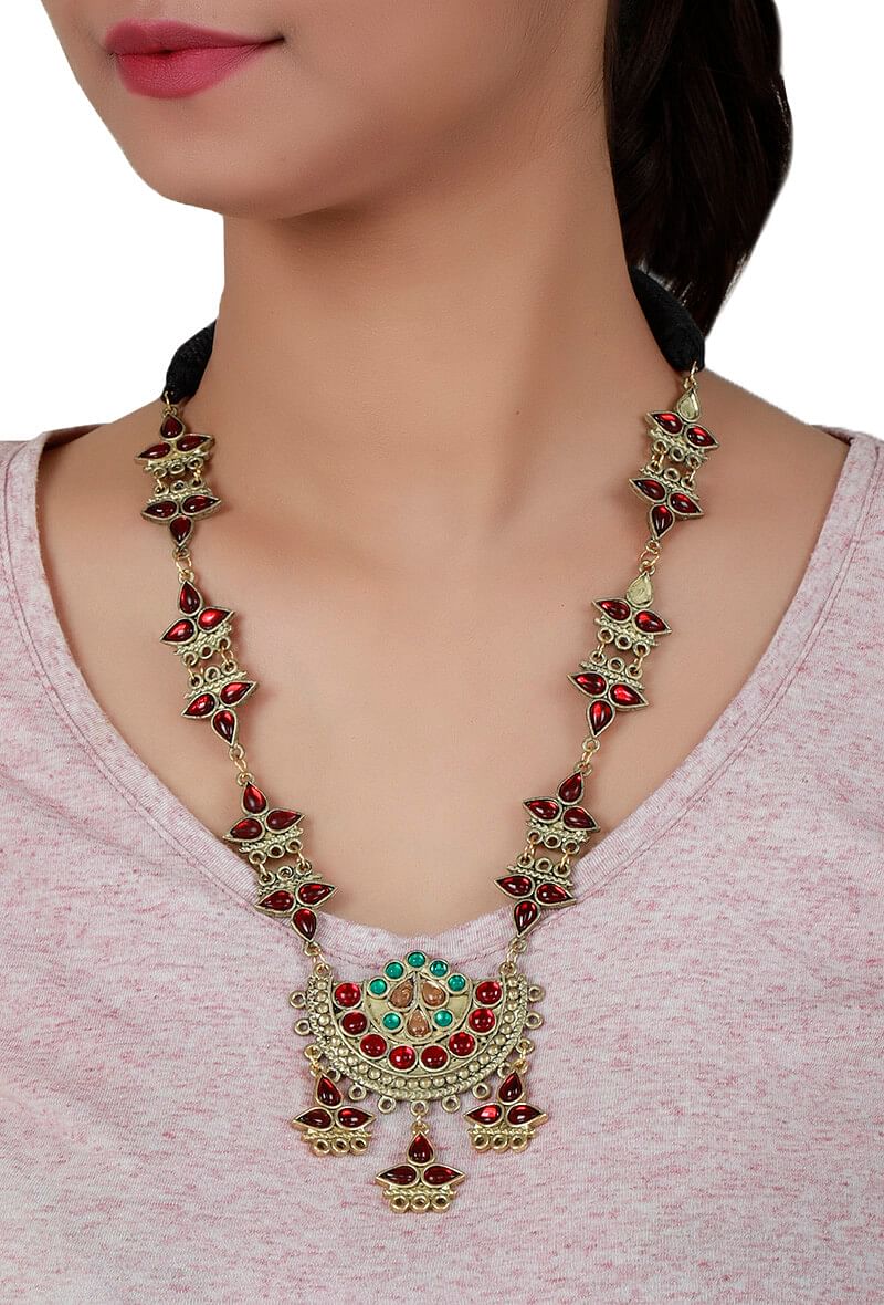 Red German Silver Gold Plated Necklace