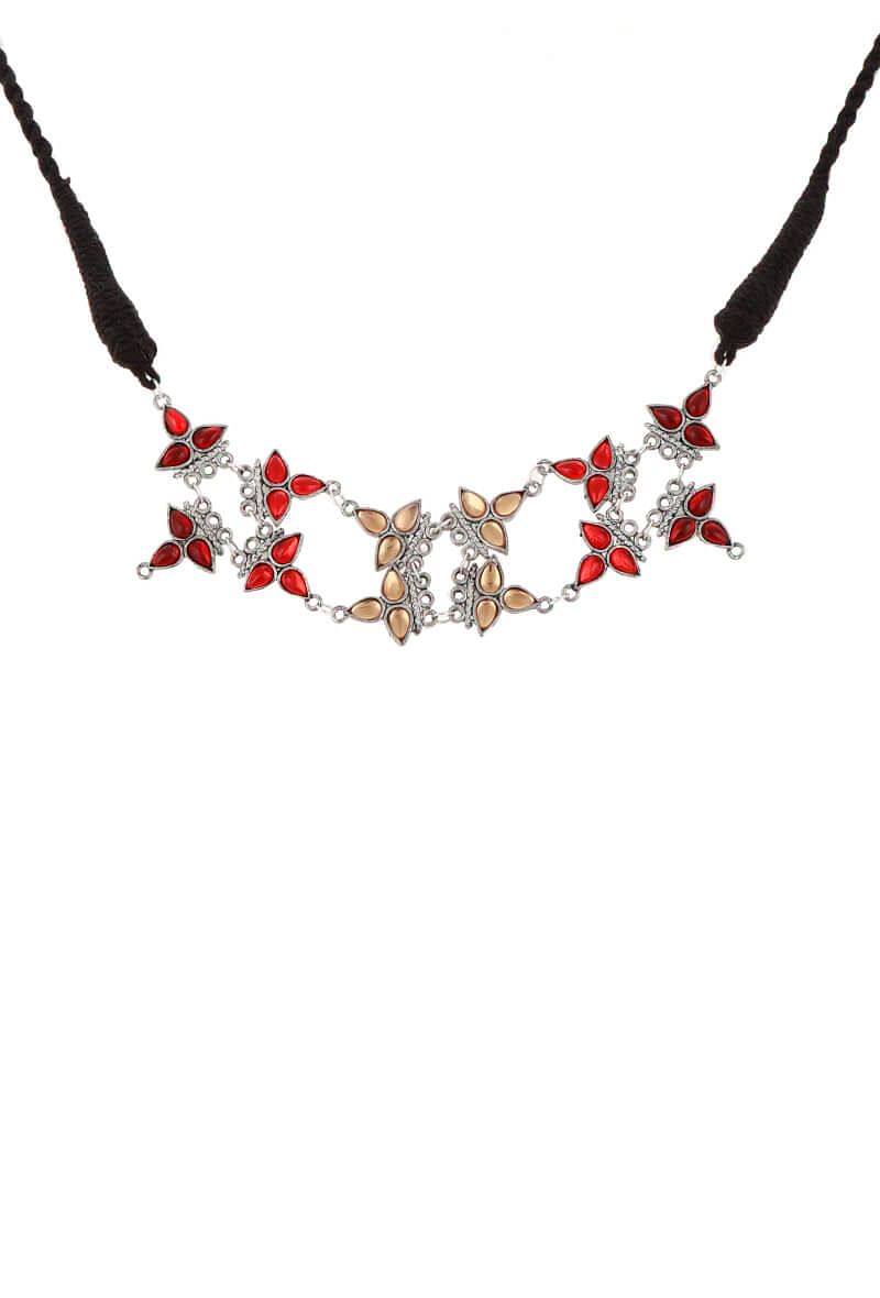Red-Yellow Floral German Silver Necklace
