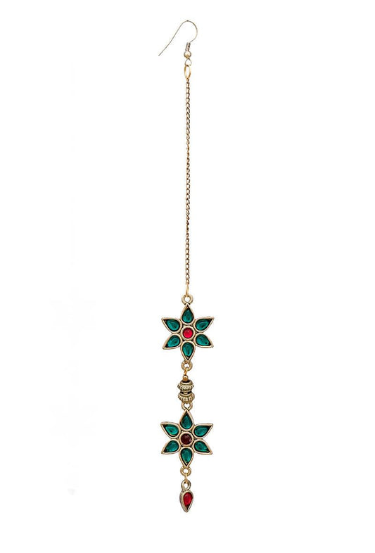 Green-Pink Afghan German Silver Maang Tika
