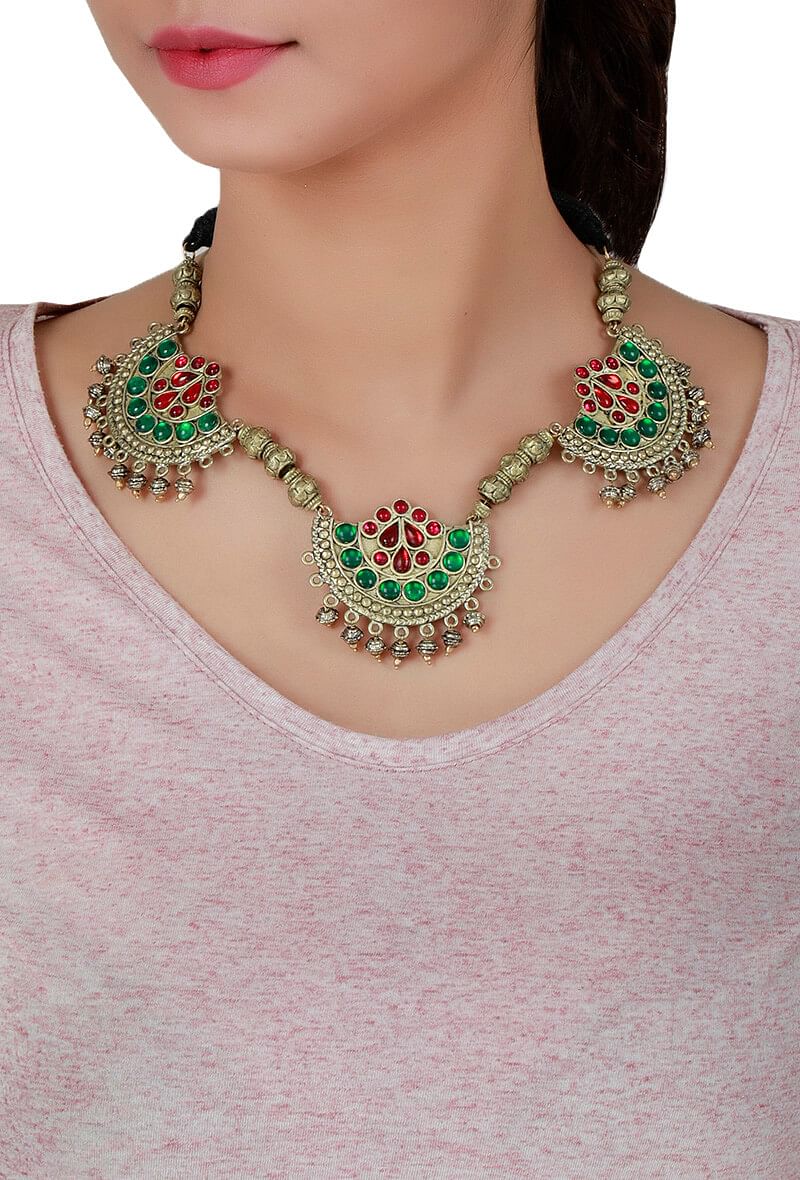 Multicolour German Silver Afghan Necklace