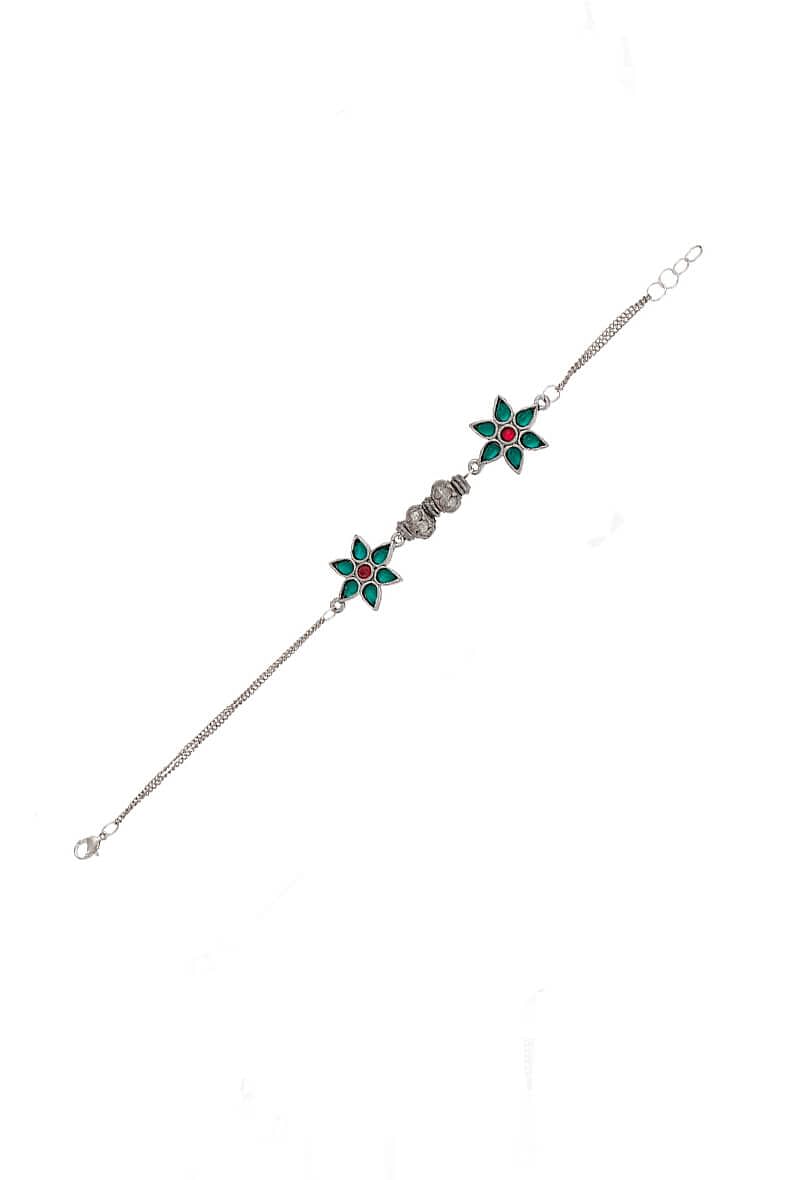 Green-Red German Silver Afghan Bracelet