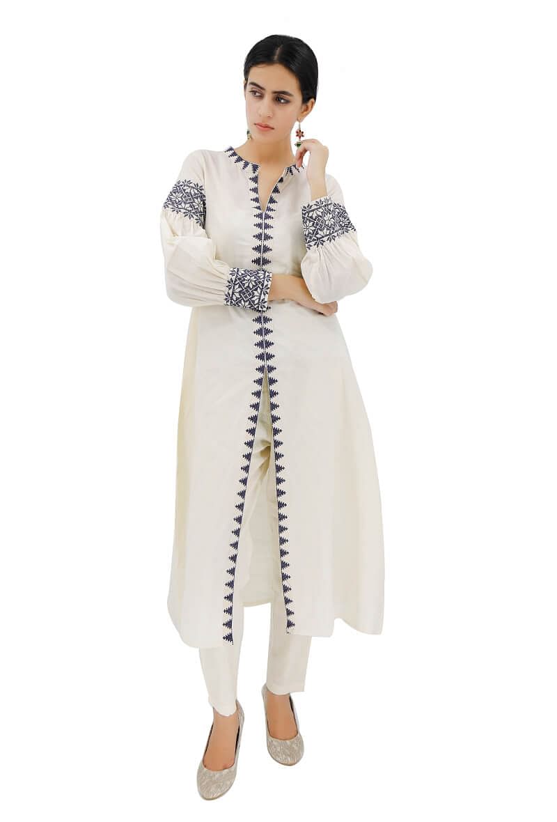 Ivory-Blue Cotton Cross Stitch Dress With Slip サイズ S
