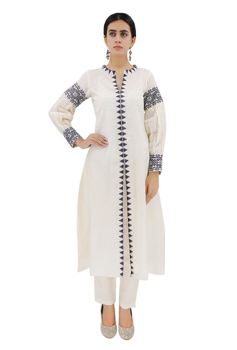 Ivory-Blue Cotton Cross Stitch Dress With Slip サイズ S