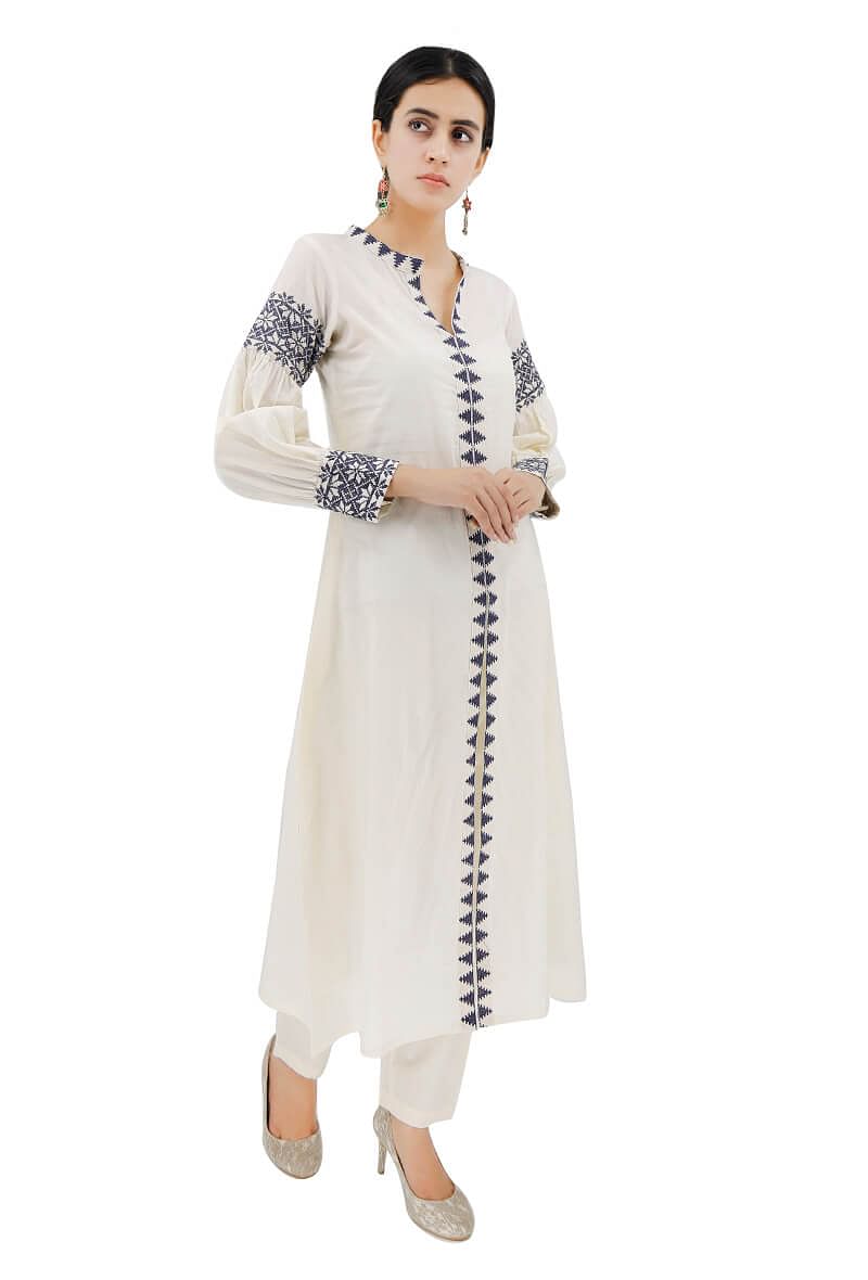 Ivory-Blue Cotton Cross Stitch Dress With Slip サイズ S