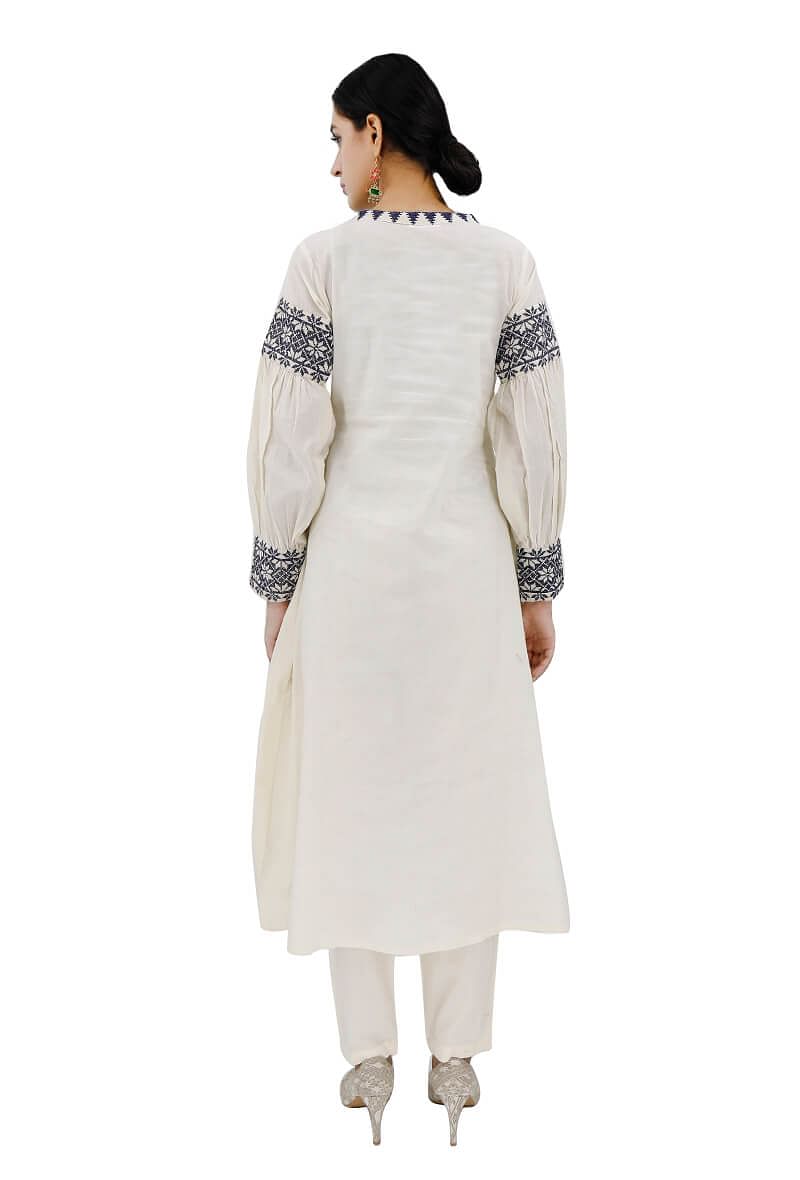 Ivory-Blue Cotton Cross Stitch Dress With Slip サイズ S