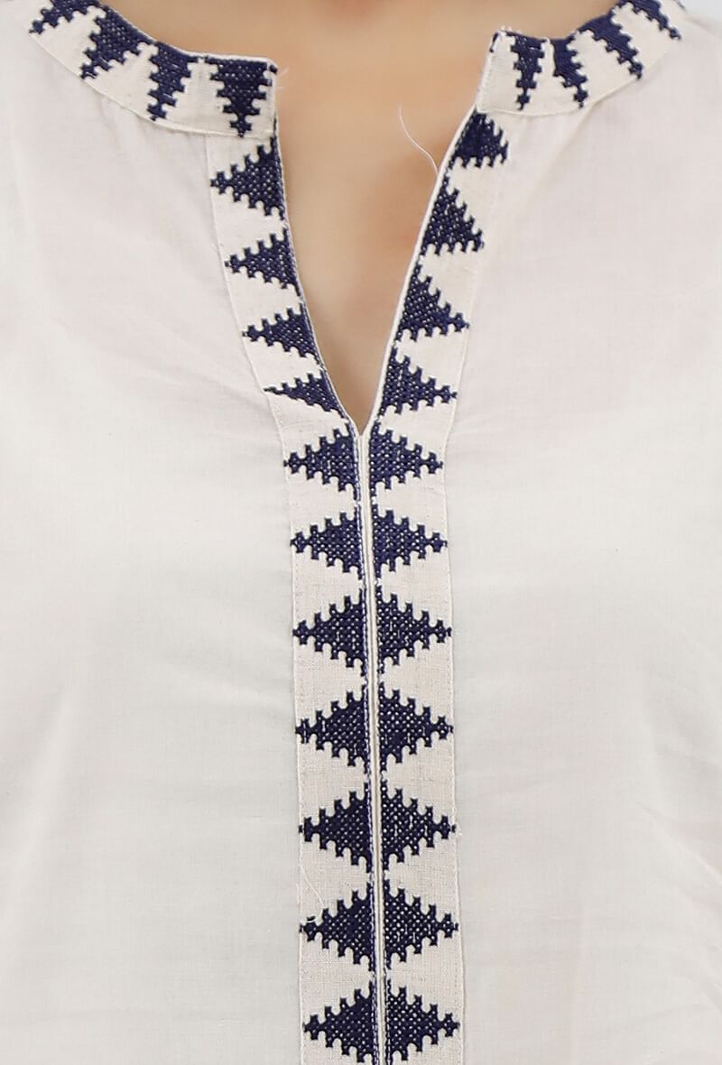 Ivory-Blue Cotton Cross Stitch Dress With Slip サイズ S