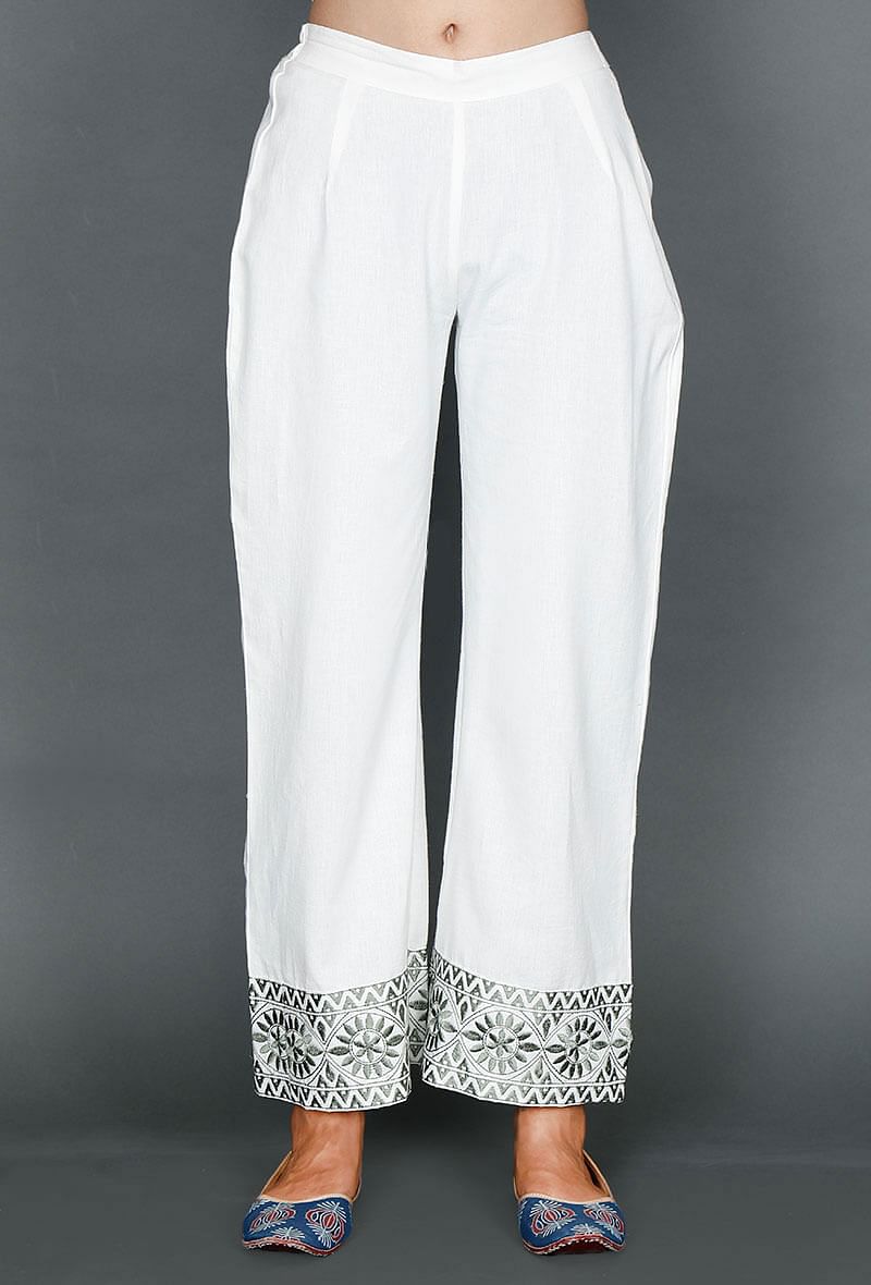 White Palazzos With Olive Green Kantha Embroidery サイズ M