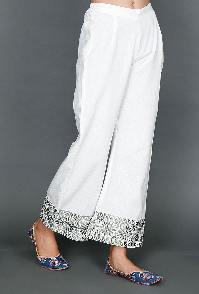 White Palazzos With Olive Green Kantha Embroidery サイズ M