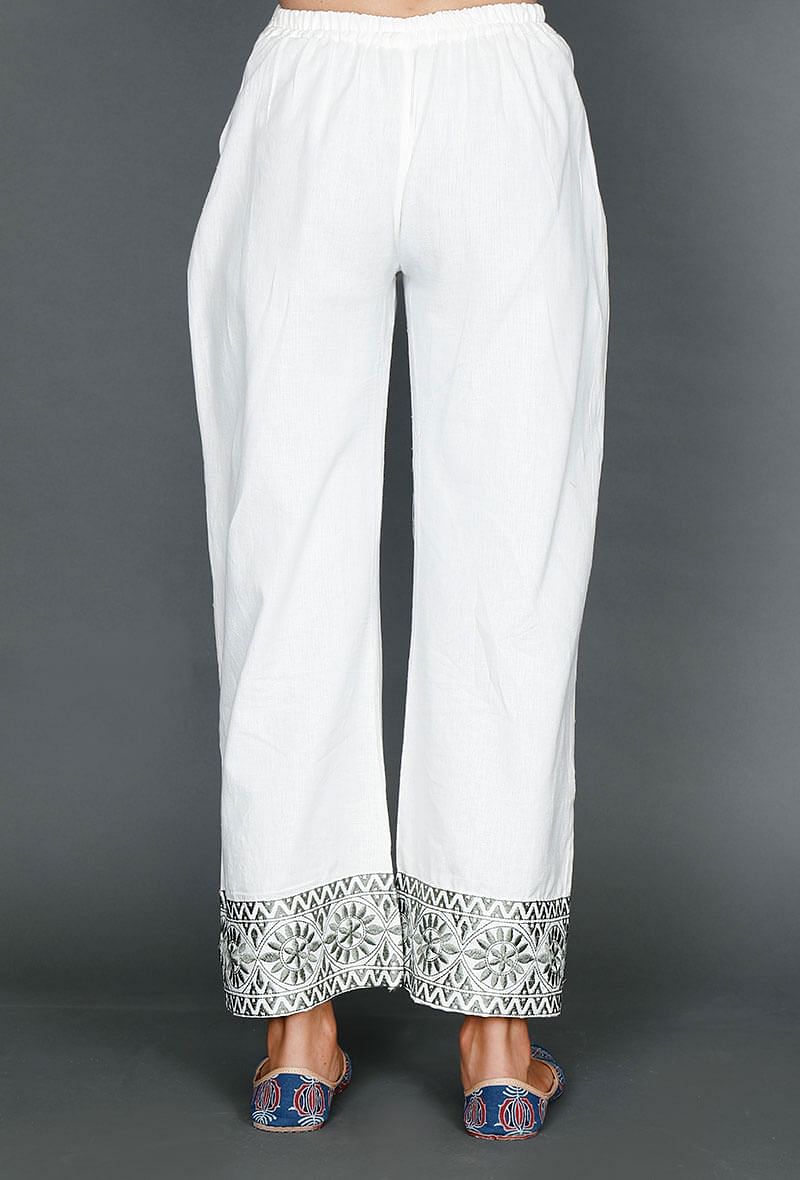 White Palazzos With Olive Green Kantha Embroidery サイズ M