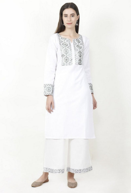 White Kurta With Olive Green Kantha Work サイズ S
