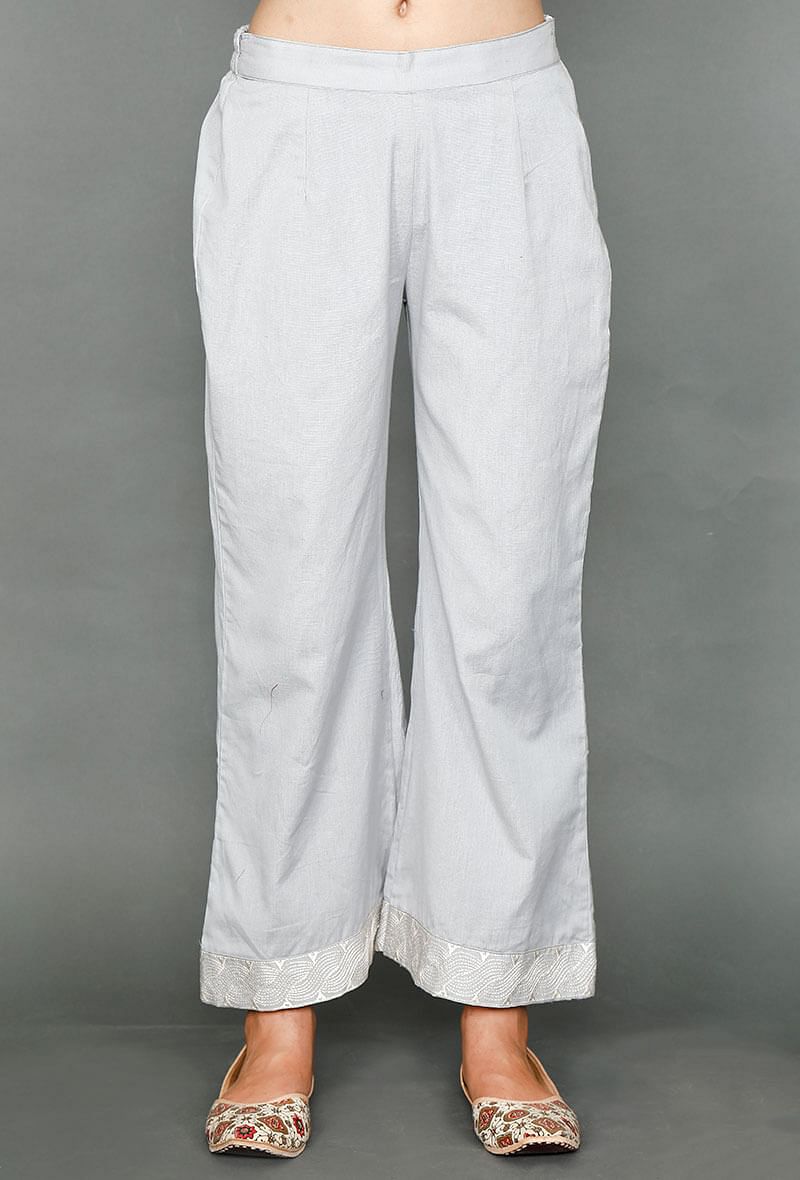 Pale Grey Palazzos With Kantha Embroidery サイズ S