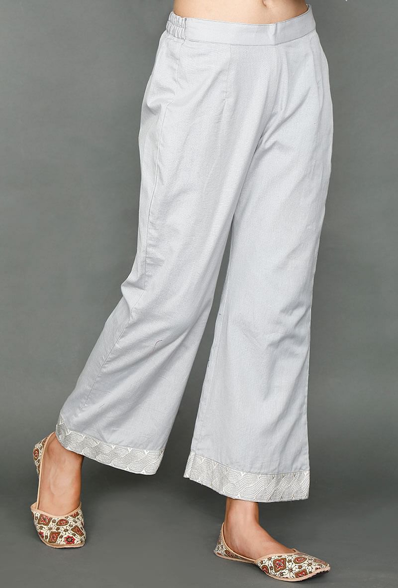 Pale Grey Palazzos With Kantha Embroidery サイズ XS