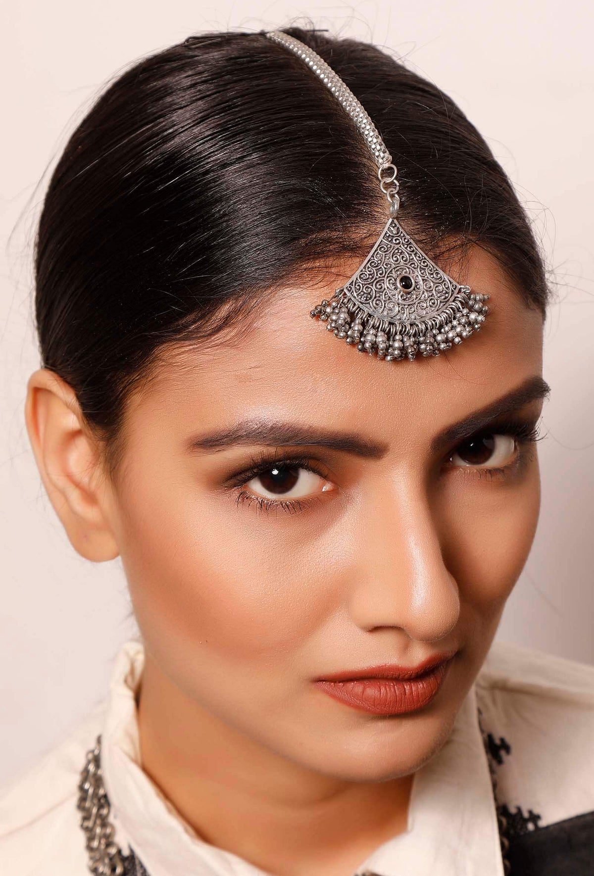 Silver Plated Brass Triangular Tribal Maang Tika