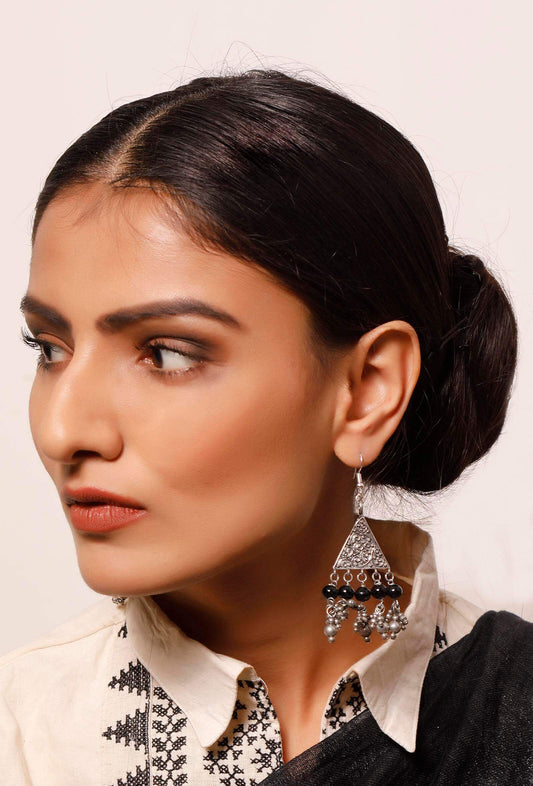 Silver Plated Brass Black Triangular Earrings