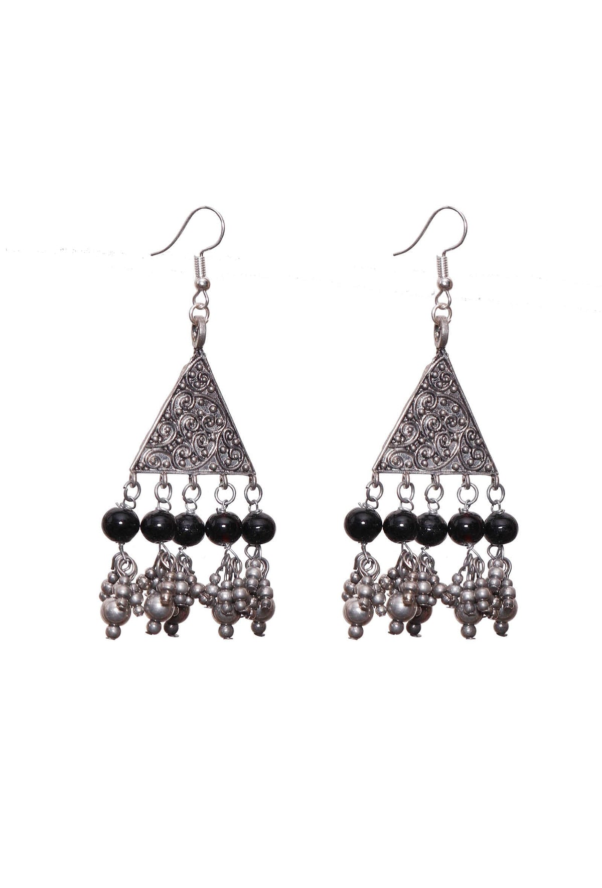 Silver Plated Brass Black Triangular Earrings
