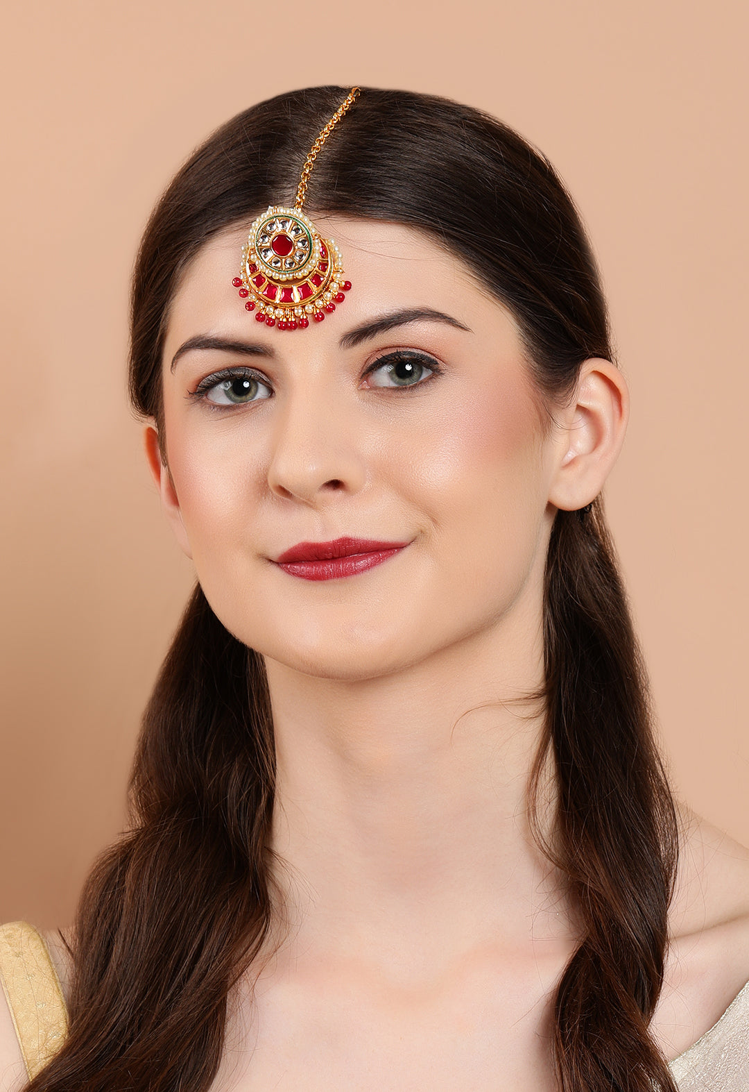 Rubans Gold Plated Handcrafted Kundan Maangtikka Red