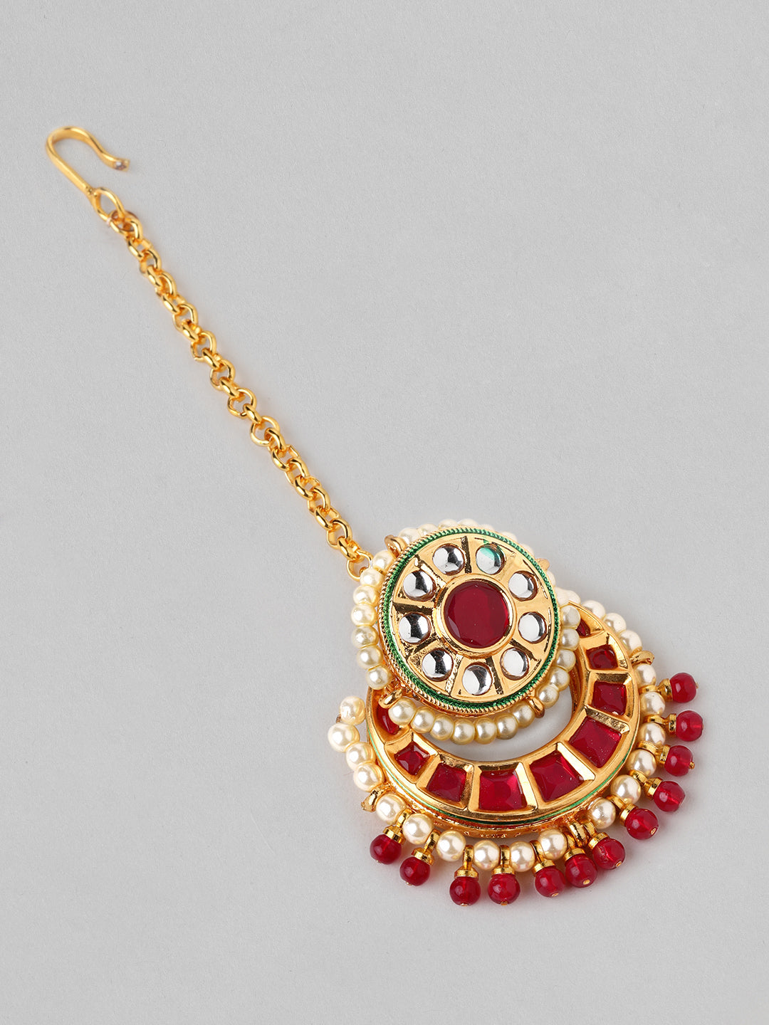 Rubans Gold Plated Handcrafted Kundan Maangtikka Red