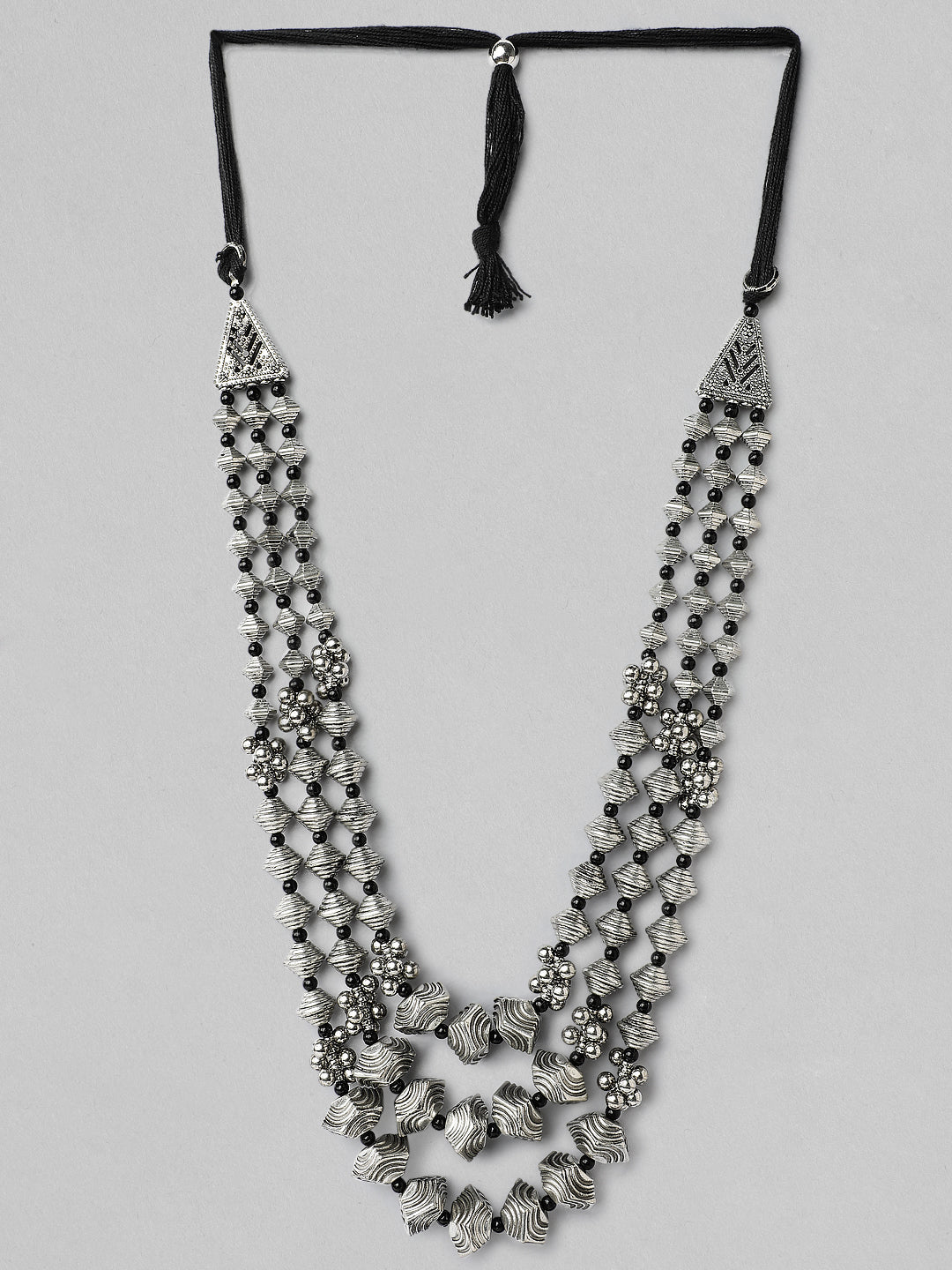 Rubans Silver Plated Oxidised Handcrafted Multi Layer Boho Necklace Silver
