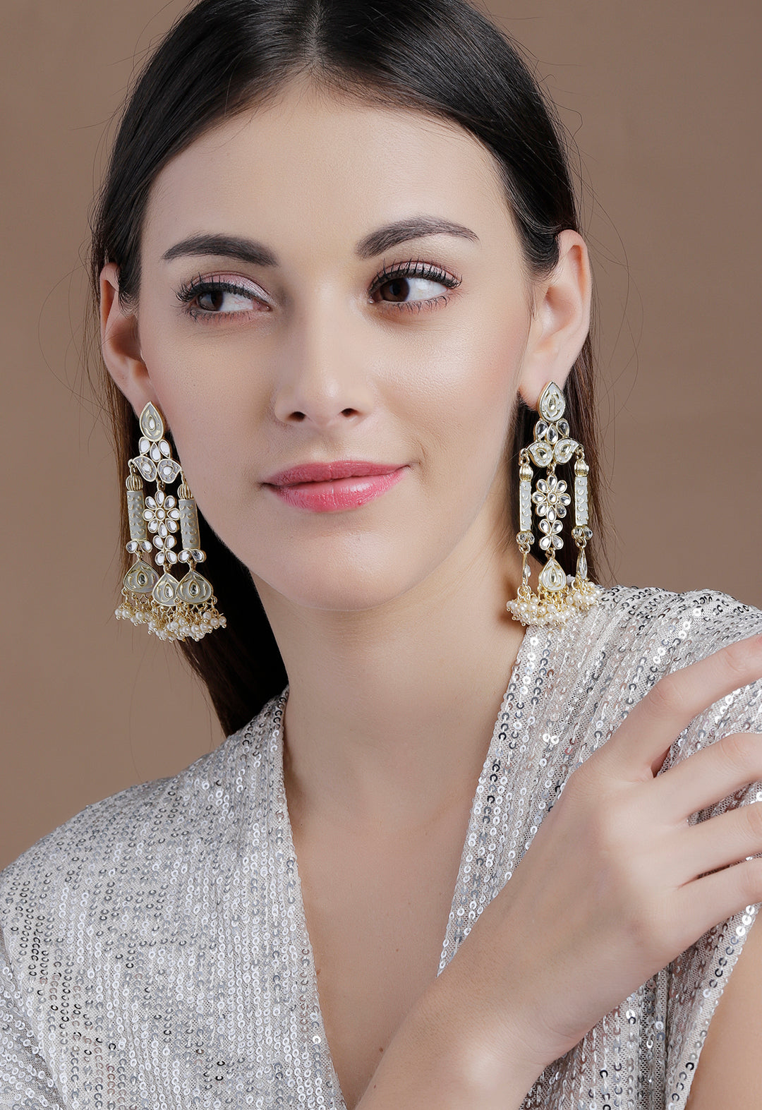 Rubans Gold Plated Handcrafted Grey Enamel with Kundan & Pearls Drop Earrings Gold