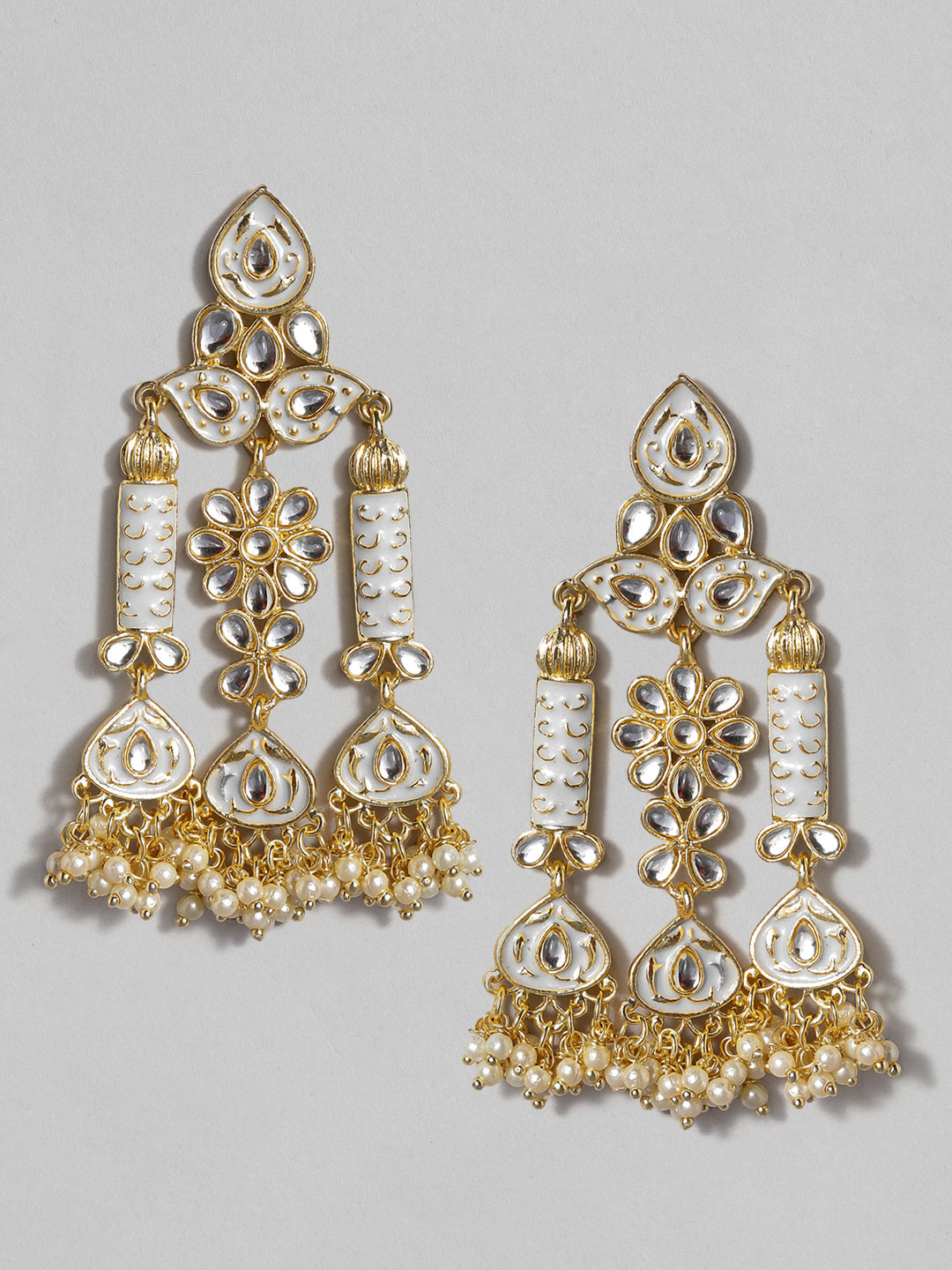 Rubans Gold Plated Handcrafted Grey Enamel with Kundan & Pearls Drop Earrings Gold