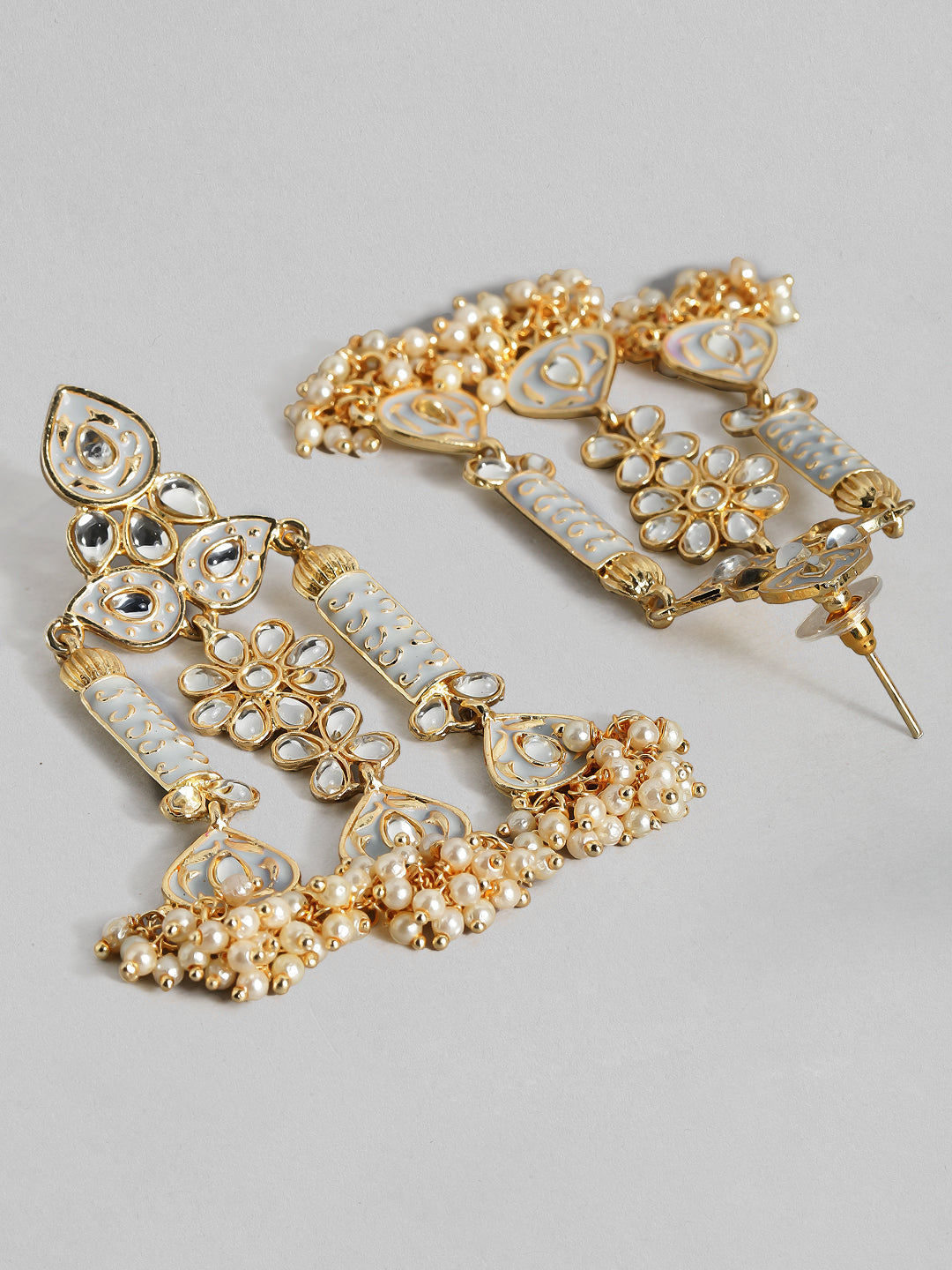 Rubans Gold Plated Handcrafted Grey Enamel with Kundan & Pearls Drop Earrings Gold
