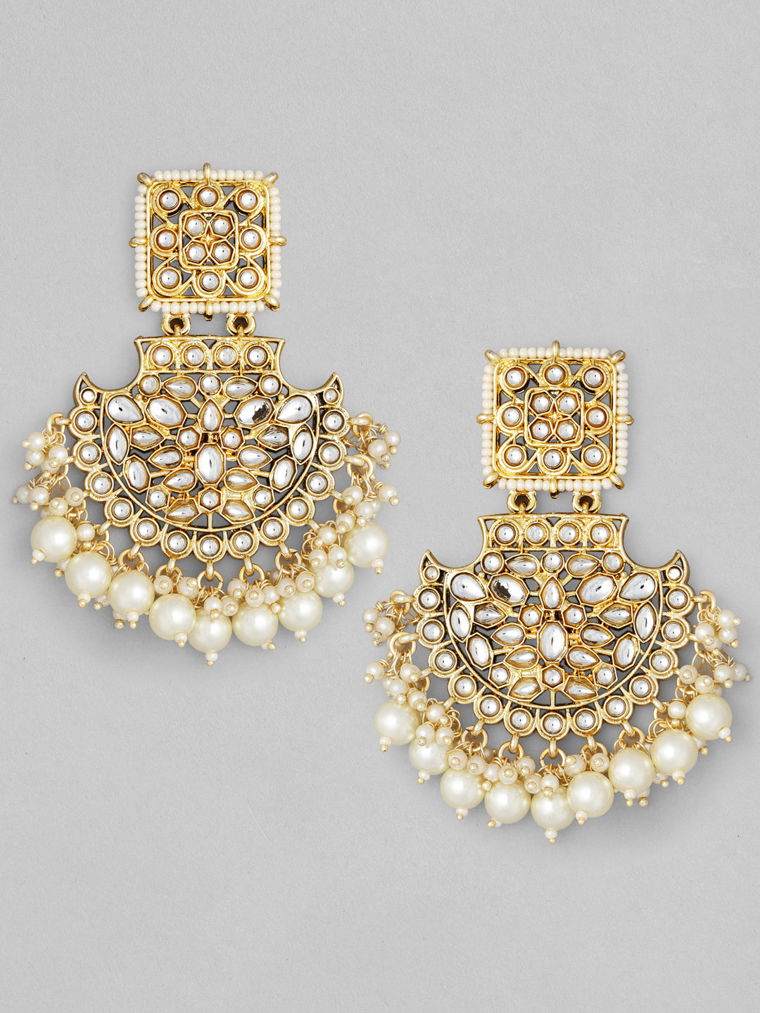 Rubans 18K Gold-Plated Handcrafted Kundan-Studded Long Chandbalis with Off-White Pearl-Beaded Gold