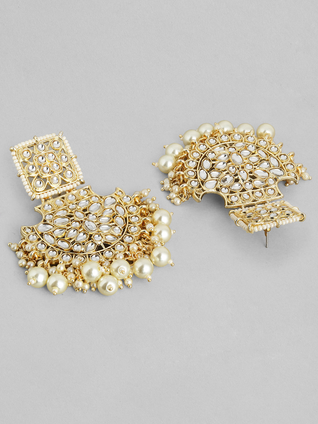 Rubans 18K Gold-Plated Handcrafted Kundan-Studded Long Chandbalis with Off-White Pearl-Beaded Gold