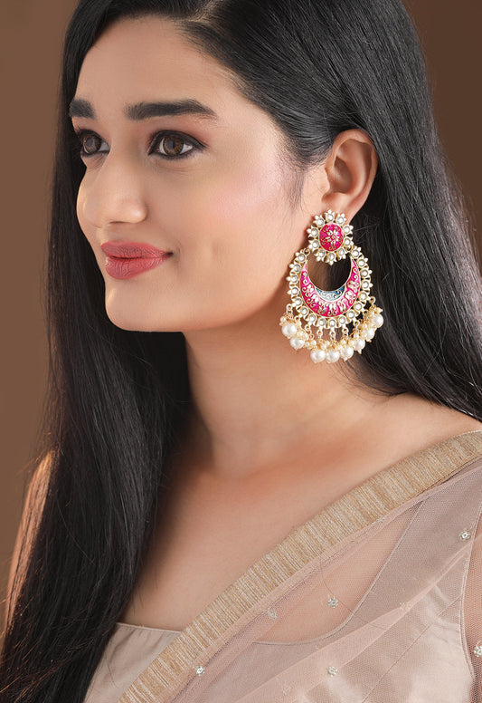 Rubans Gold Plated Handcrafted Pink Enamel Pearl Chandbali Earrings Multicolor