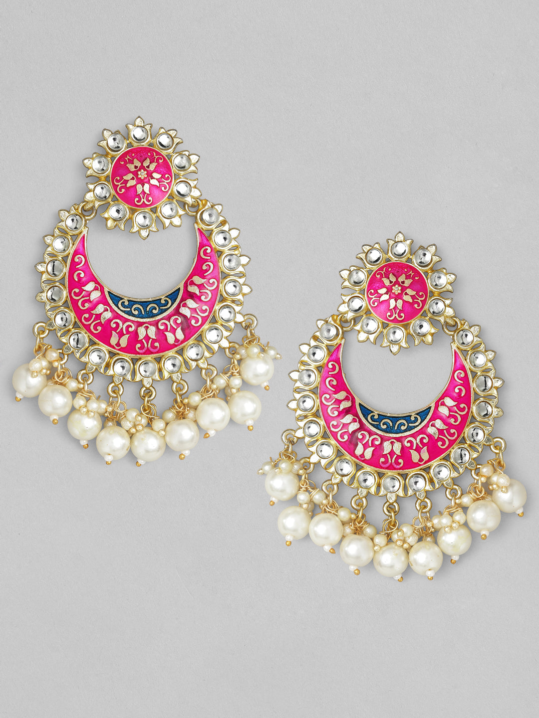 Rubans Gold Plated Handcrafted Pink Enamel Pearl Chandbali Earrings Multicolor