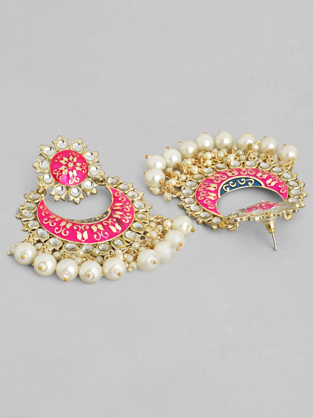 Rubans Gold Plated Handcrafted Pink Enamel Pearl Chandbali Earrings Multicolor