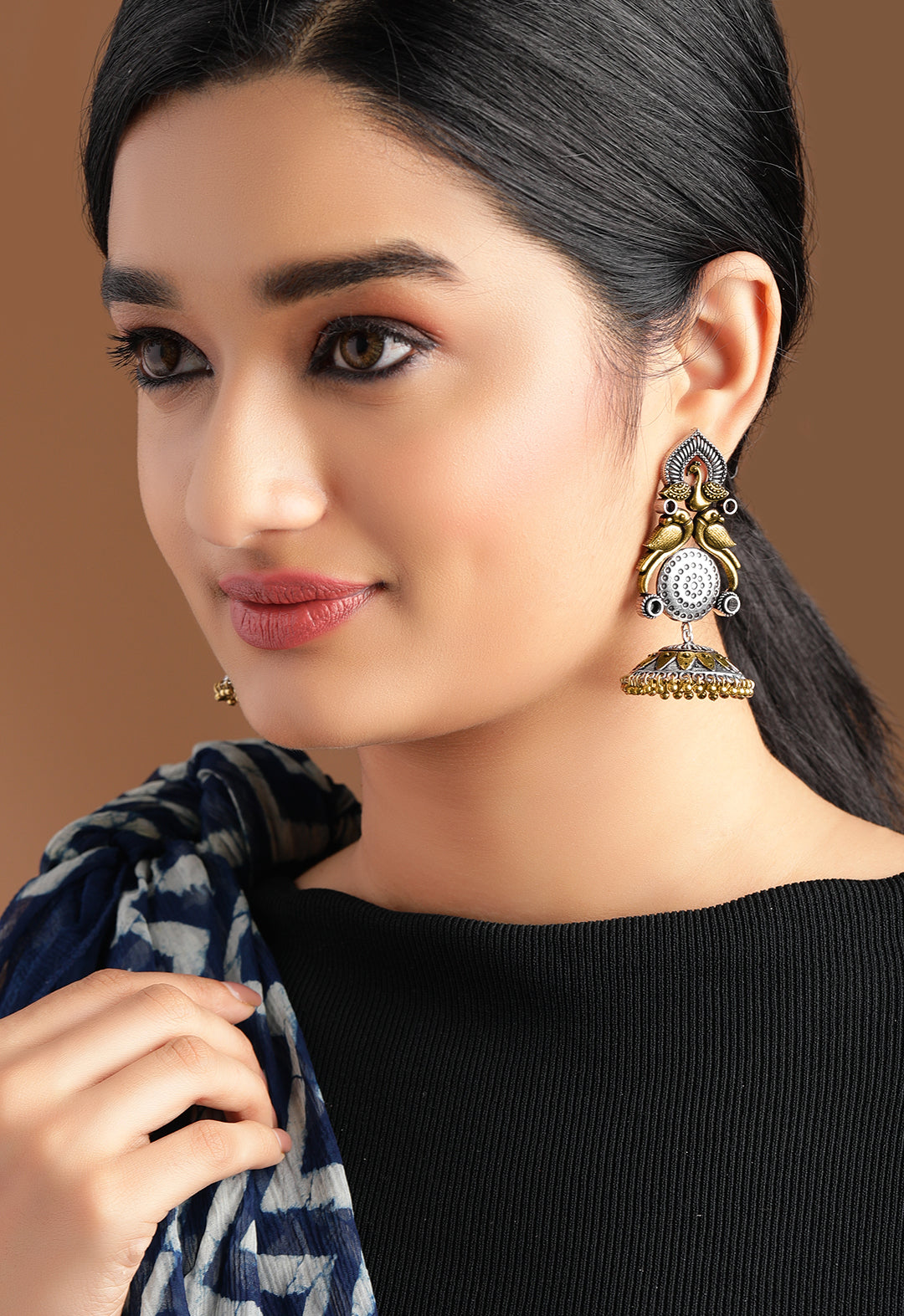 Rubans Silver Plated Handcrafted Oxidised Dual Tone Peacock Shape Jhumka Earrings Silver