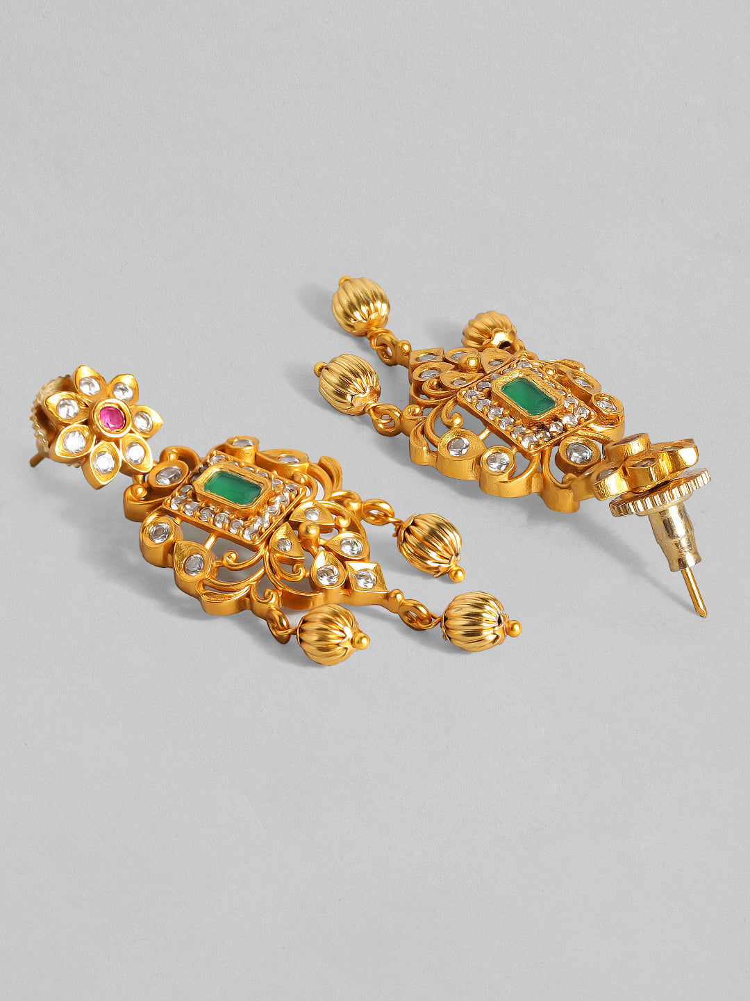 Rubans 22K Gold Plated Handcrafted Faux Ruby Stone with Gold Beads Traditional Necklace Set Multicolor