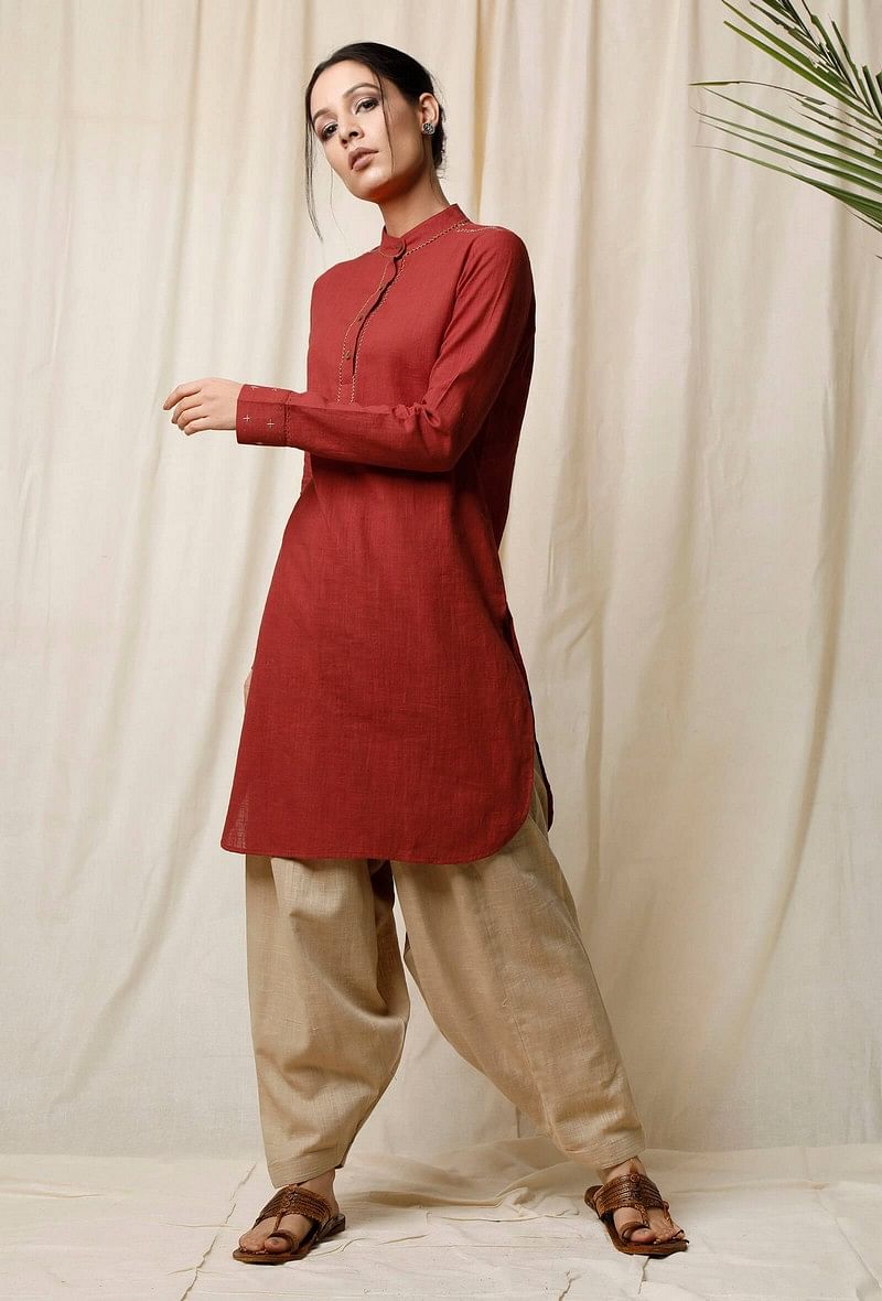 Gerua Rust Cotton Slub Pathani Kurta サイズ XXXL
