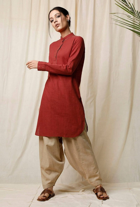 Gerua Rust Cotton Slub Pathani Kurta サイズ M