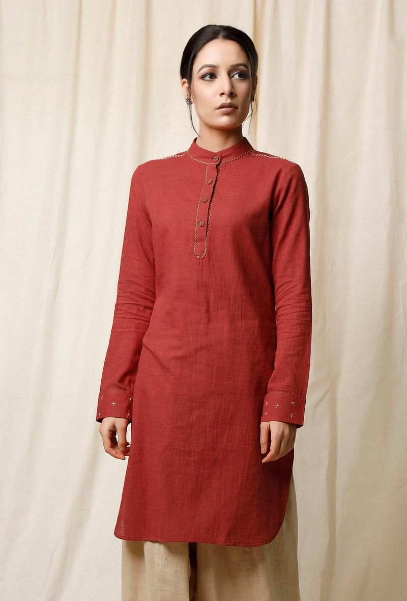 Gerua Rust Cotton Slub Pathani Kurta サイズ XXXL
