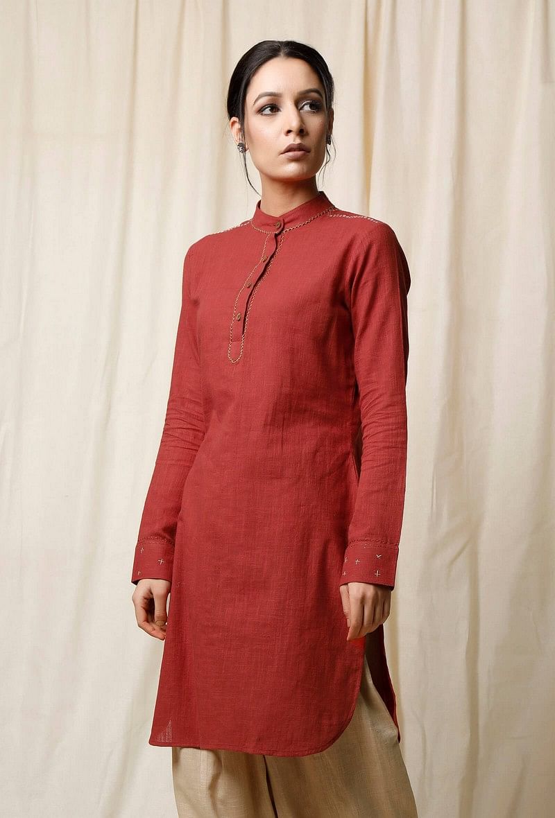 Gerua Rust Cotton Slub Pathani Kurta サイズ M