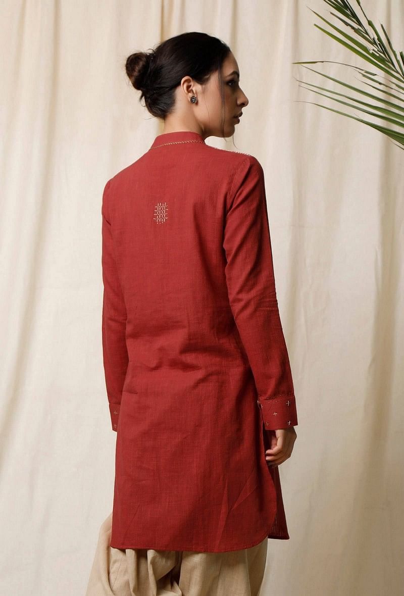 Gerua Rust Cotton Slub Pathani Kurta サイズ M