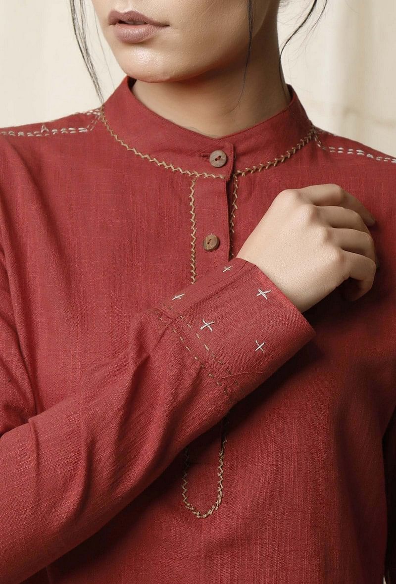 Gerua Rust Cotton Slub Pathani Kurta サイズ XXXL