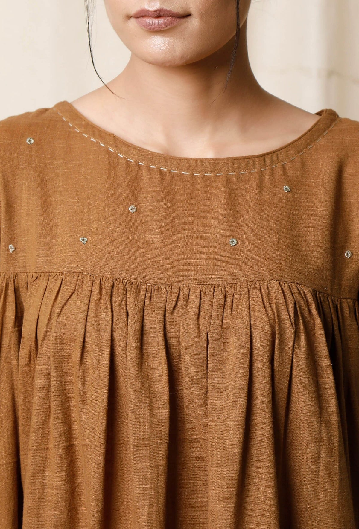 Khaki Cotton Slub Gathered Kurta サイズ S