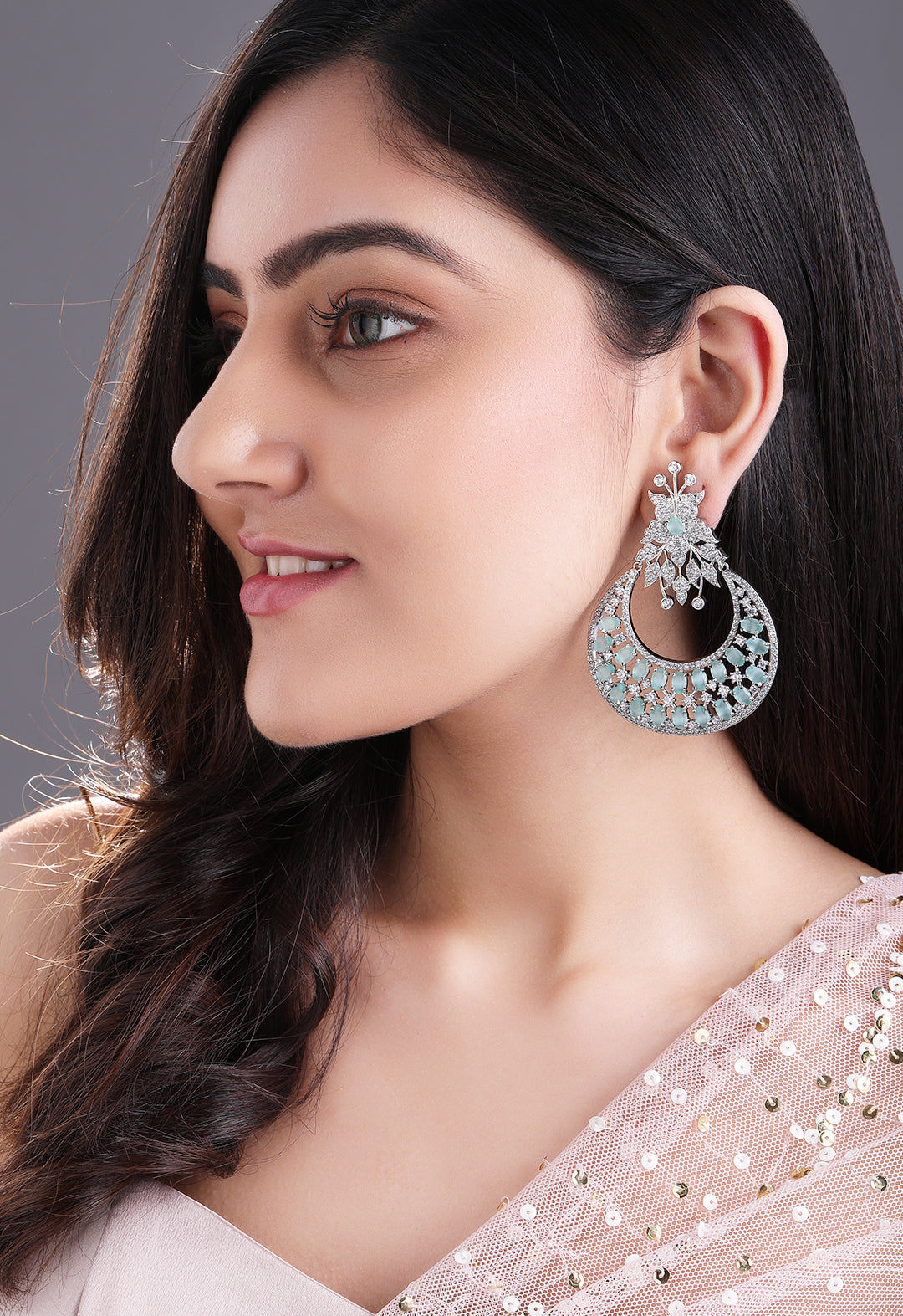 Rubans Zircon Studded Handcrafted Silver Plated Floral Statement Chandbali Earrings Silver