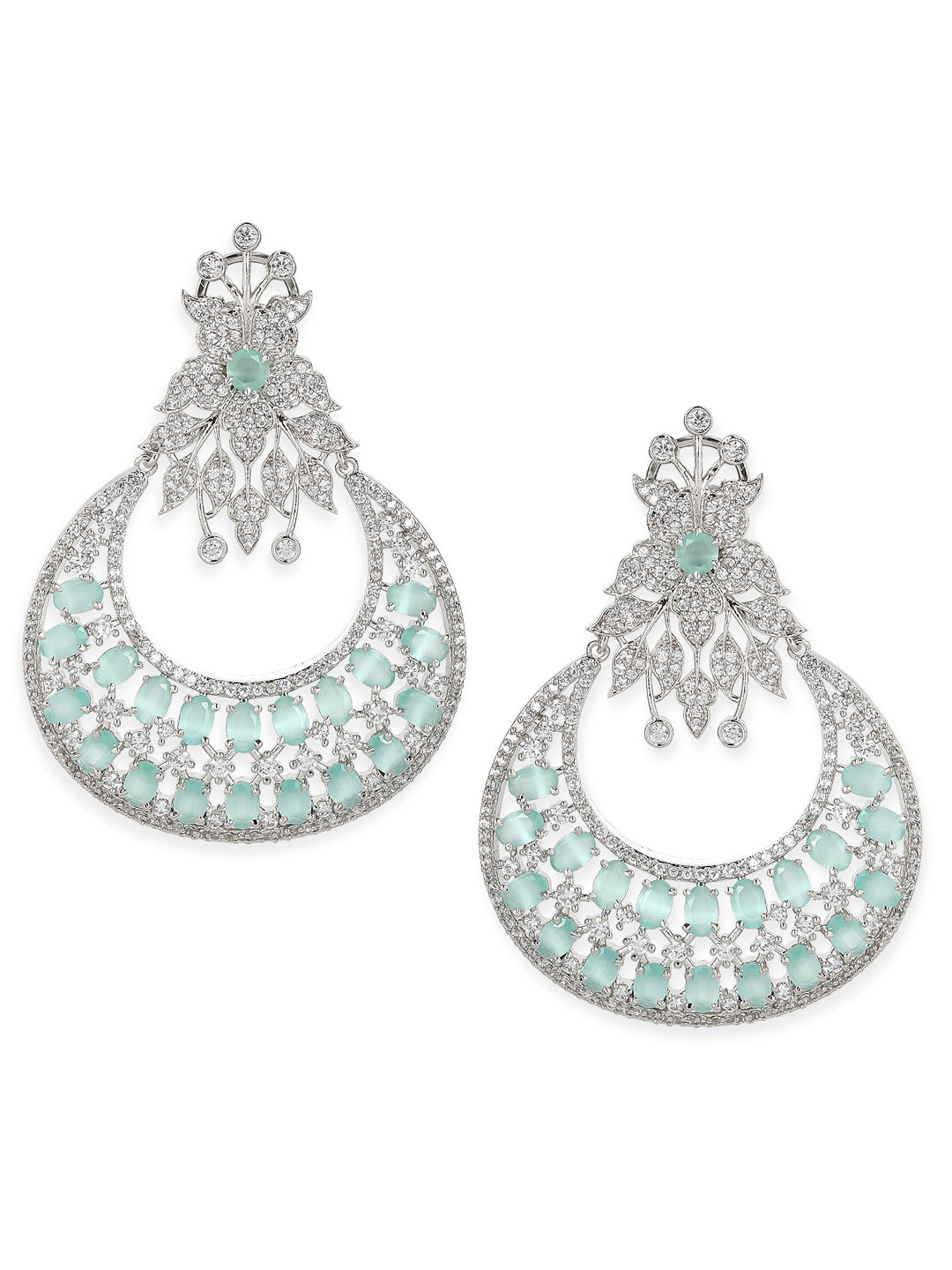 Rubans Zircon Studded Handcrafted Silver Plated Floral Statement Chandbali Earrings Silver
