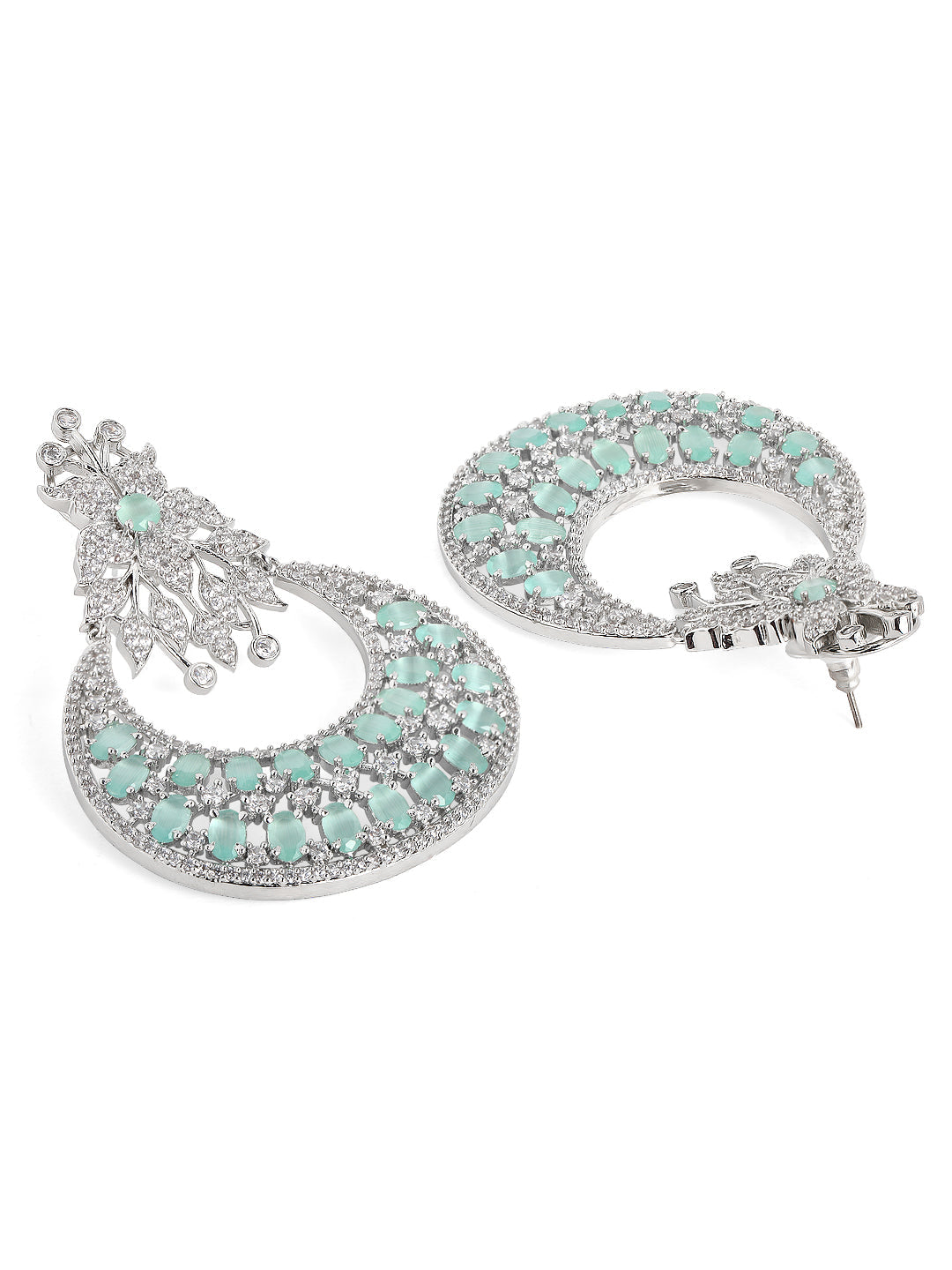 Rubans Zircon Studded Handcrafted Silver Plated Floral Statement Chandbali Earrings Silver