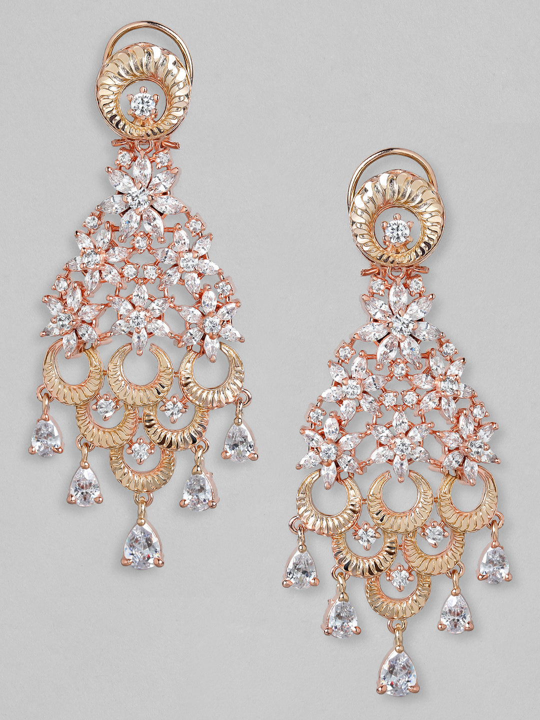 Rubans 18K Rose Gold White Cubic Zirconia Floral Cascading Floral Chandelier Earrings Rose gold
