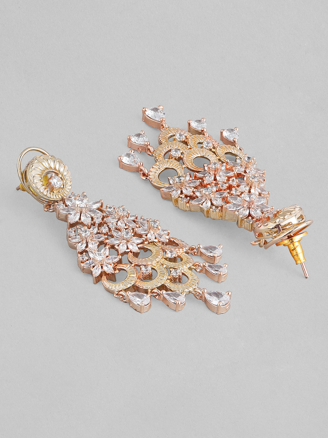 Rubans 18K Rose Gold White Cubic Zirconia Floral Cascading Floral Chandelier Earrings Rose gold