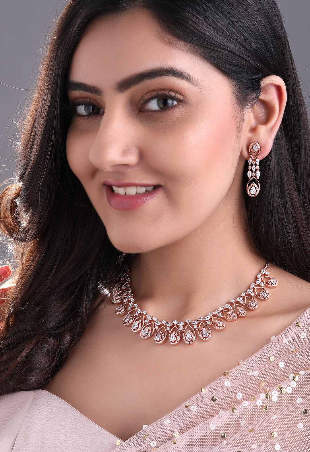 Rubans Zircon Studded Handcrafted Rose Gold Plated Statement Necklace Set Rose Gold