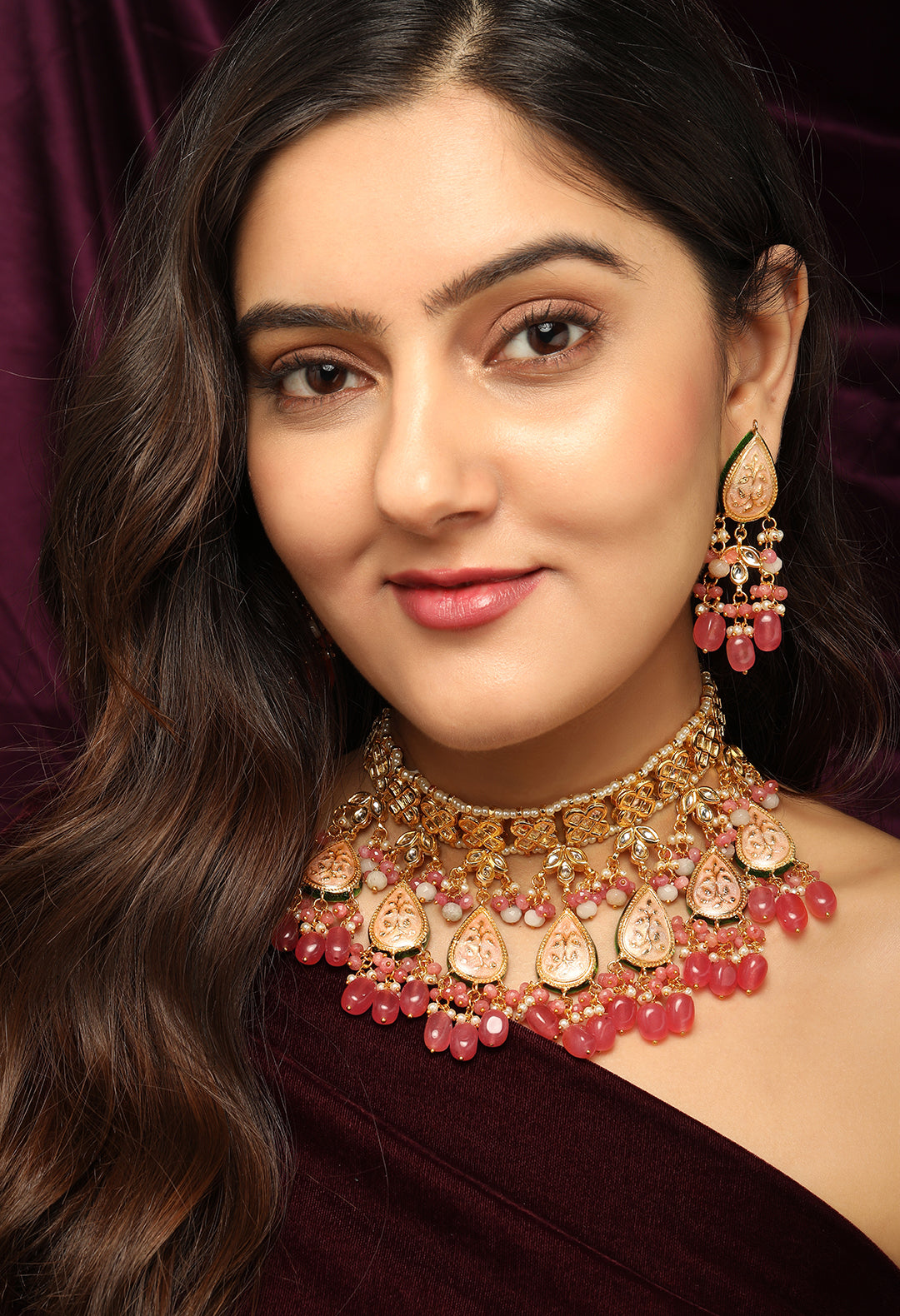 Rubans Luxury 24K Gold Plated Handcrafted Pink Enamel & Pachi Kundan with Pearls Beaded Necklace Set Pink
