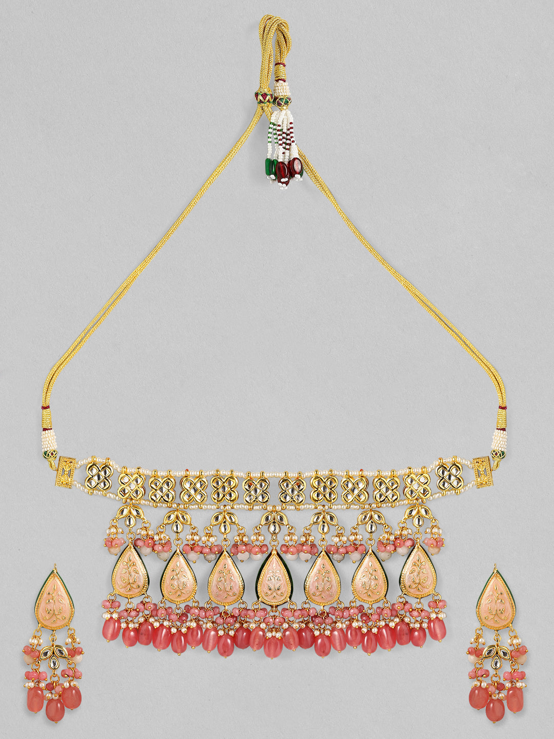 Rubans Luxury 24K Gold Plated Handcrafted Pink Enamel & Pachi Kundan with Pearls Beaded Necklace Set Pink