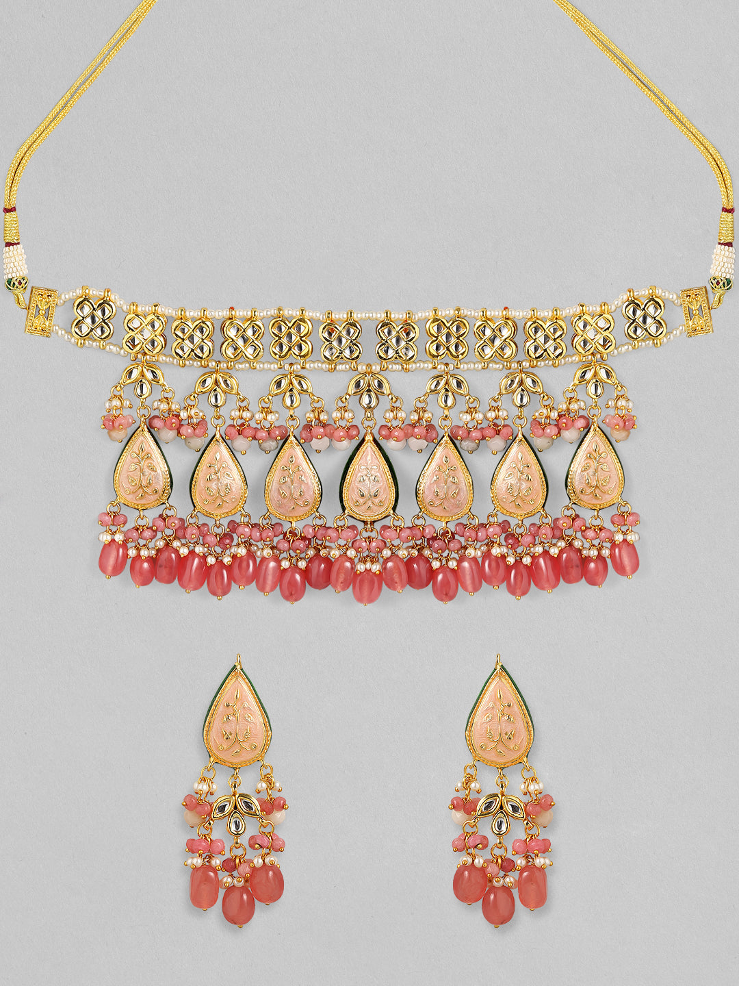 Rubans Luxury 24K Gold Plated Handcrafted Pink Enamel & Pachi Kundan with Pearls Beaded Necklace Set Pink