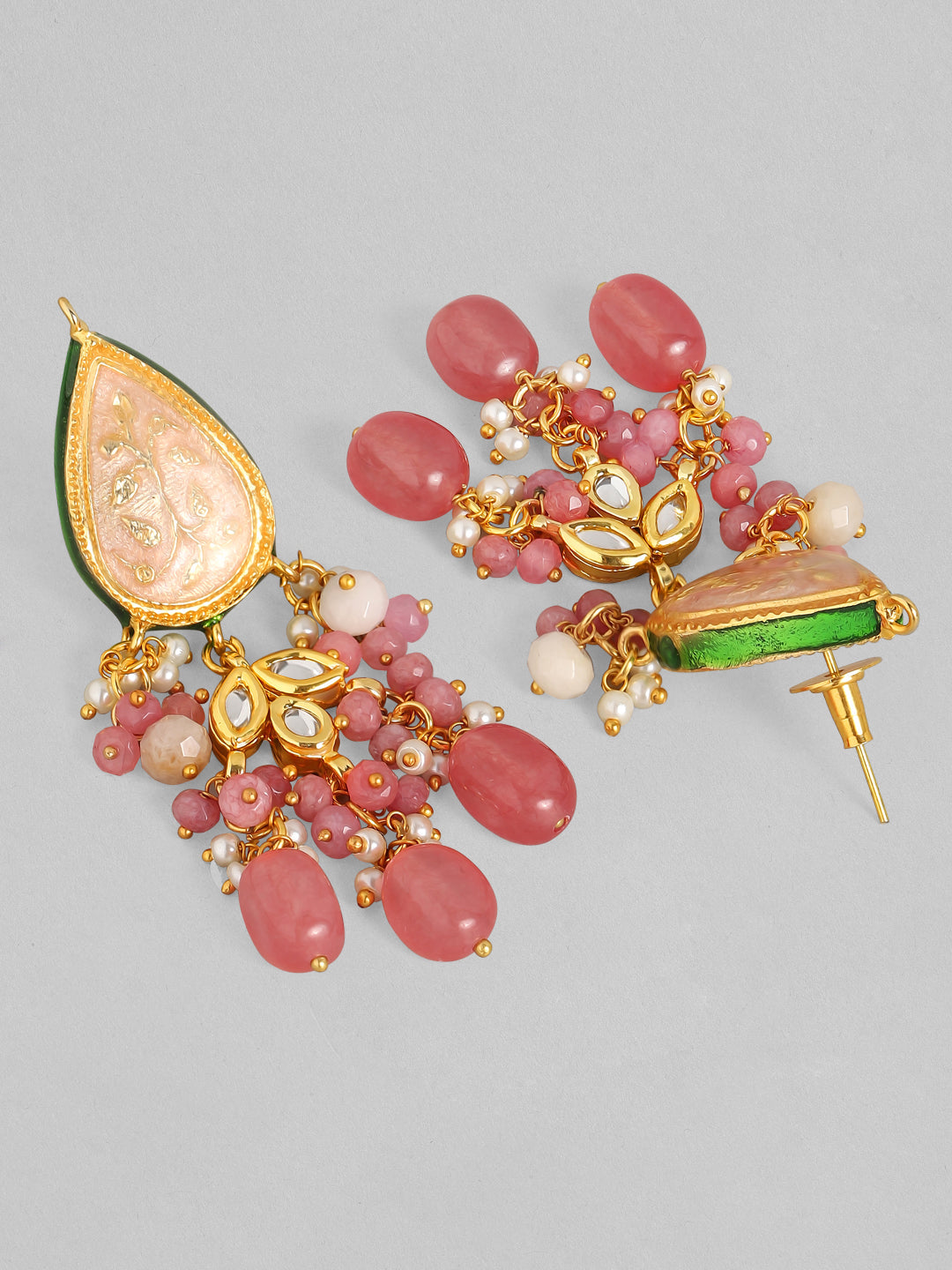 Rubans Luxury 24K Gold Plated Handcrafted Pink Enamel & Pachi Kundan with Pearls Beaded Necklace Set Pink